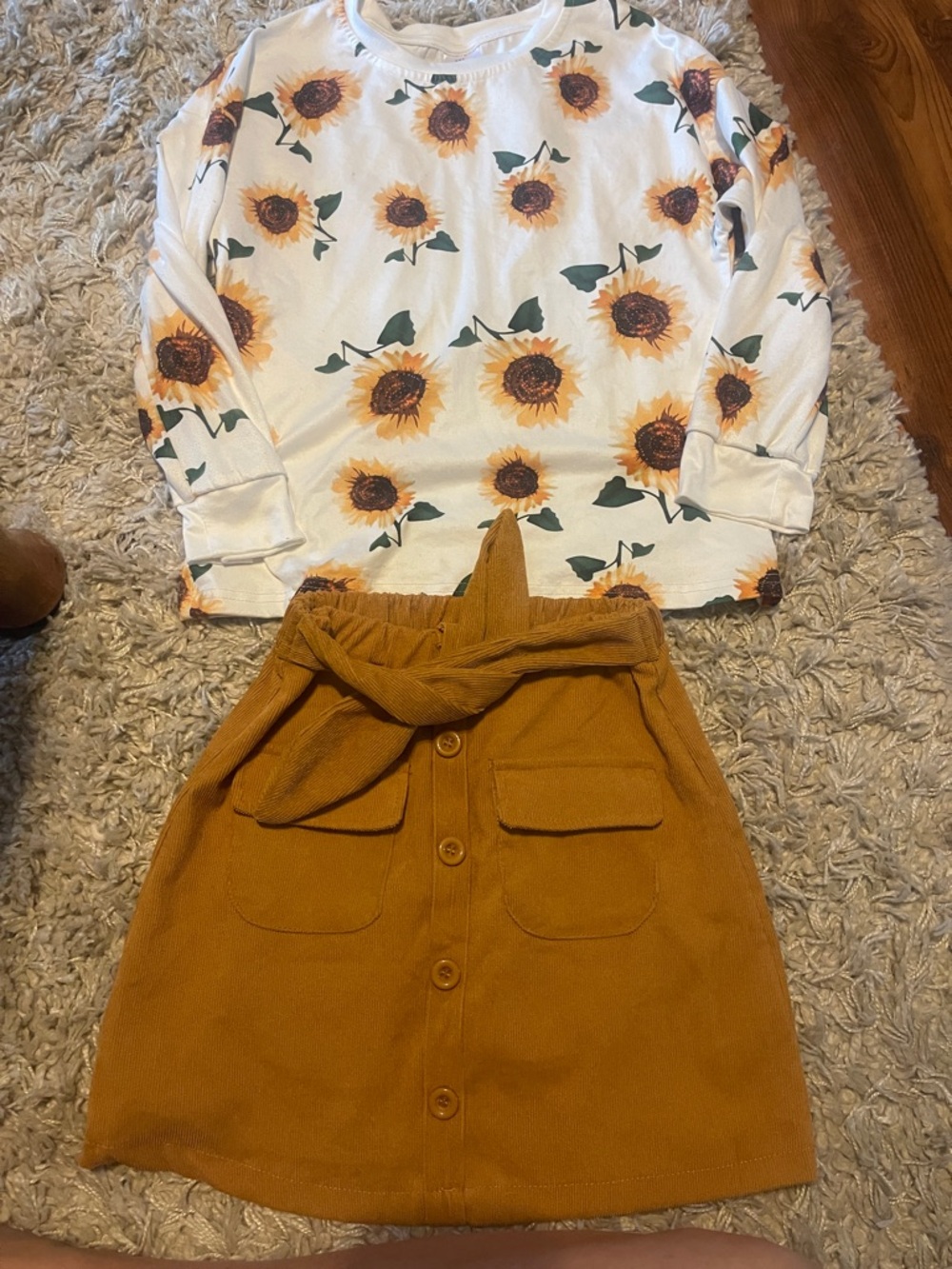 Sunflower Print Long Sleeve Top with Mustard Button Skirt